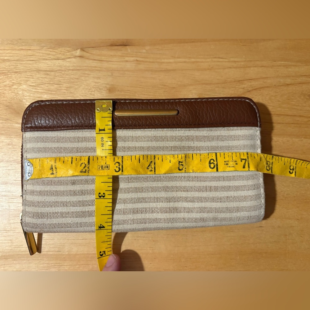 Neutral Stripe Zip Around Wallet Brown Trim Canvas Clutch - Picture 7 of 8